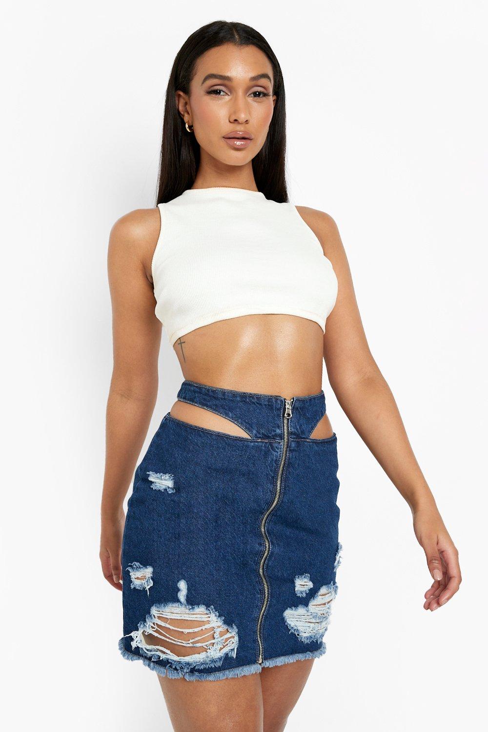 Cut Out Waist Detail Denim Mini Skirt